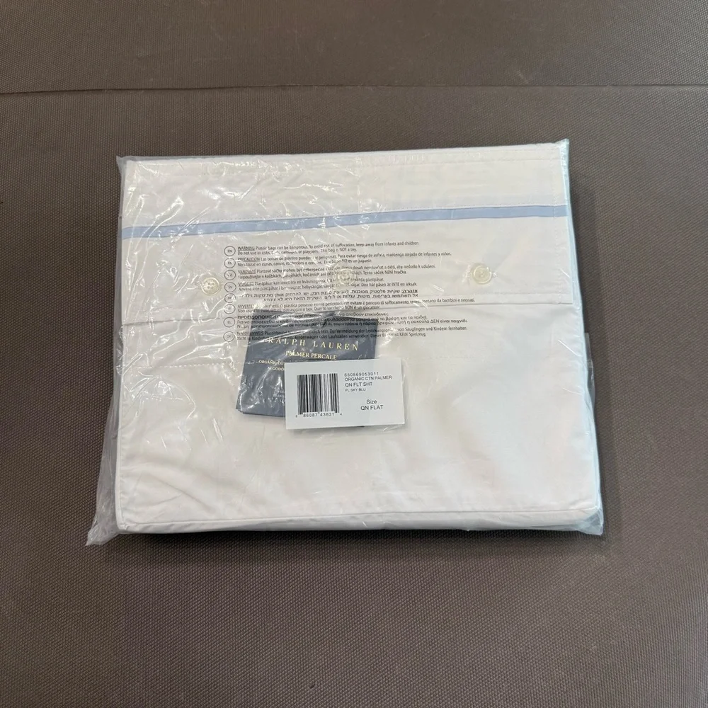 Polo Ralph Lauren Organic Cotton Percale Queen Flat Sheet Palmer NEW White Blue
